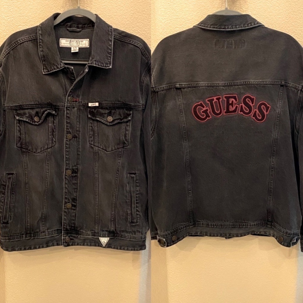 GUESS Men Gray Trucker Denim Embroidered Logo Jacket Size XL
